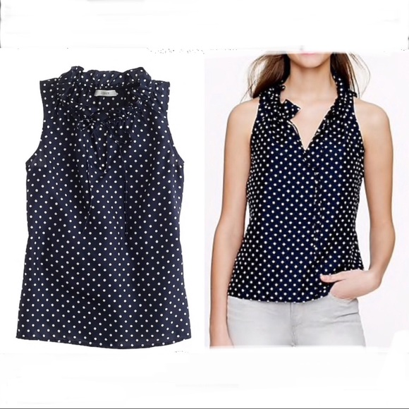 J. Crew Tops - J Crew Polka Dot Ruffle Neck Sleeveless Blouse